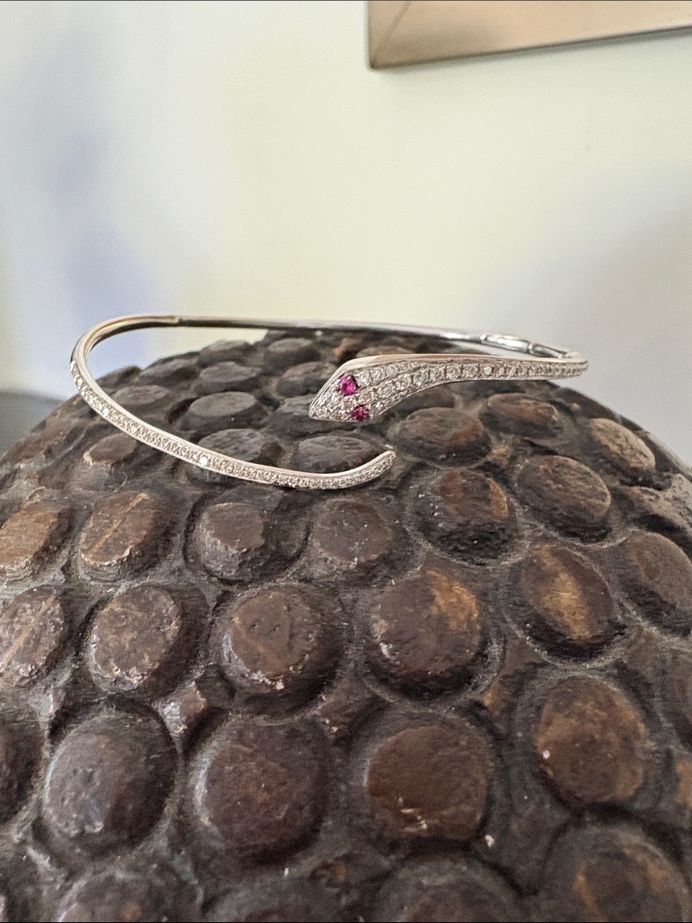 White gold real diamond Snake Cuff Bracelet with ruby Gem Stone Eyes